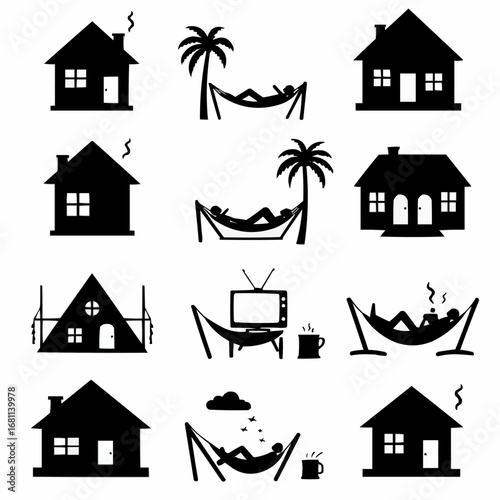 Staycation filled silhouette set with homes hammocks TVs and cozy relaxation