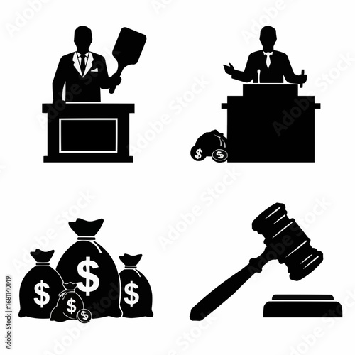 Auction filled silhouette set with gavels auctioneers paddles and money bags