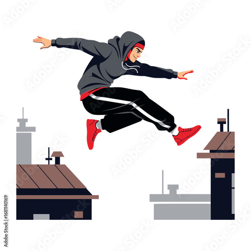 Urban Explorer in Action: A dynamic depiction of a person gracefully leaping over rooftops in an urban environment, embodying the spirit of parkour with precision and fluidity.