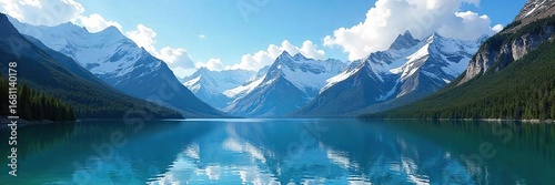 Majestic Canadian Rockies mountain range, snow-capped peaks reflecting in a pristine glacial lake under a vibrant blue sky A breathtaking view of untouched wilderness , Canada, snow, picturesque