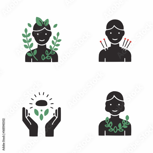 Alternative medicine filled silhouette set with herbal leaves acupuncture and healing hands