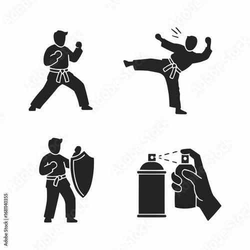 Self defence filled silhouette set with martial arts poses pepper spray and shields