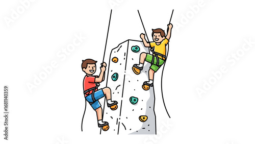 Wall Climbing Adventure: Two adventurous people ascend a challenging climbing wall, showcasing both the thrill of physical exertion and the spirit of adventure in this vector-style illustration.
