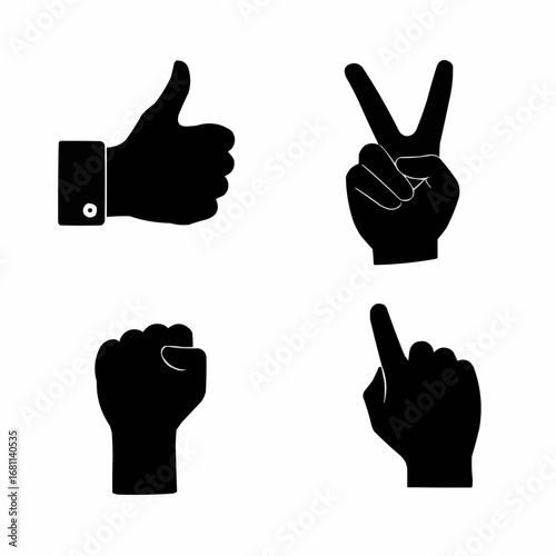 Hand gestures filled silhouette set with thumbs up peace sign fist and pointing hand