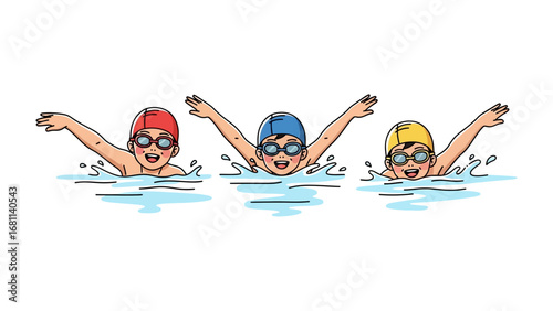 Swimming Strokes in Sync: Three young swimmers, donning caps and goggles, cut through the water with coordinated strokes, creating a vibrant display of teamwork and aquatic grace. 