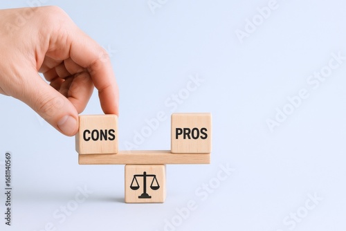 Pros and Cons Concept: Balancing Advantages and Disadvantages on Wooden Blocks for Decision Making