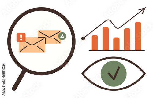 Magnifying glass over emails, analytics chart with rising trend, eye with checkmark. Ideal for email management, analysis, productivity, monitoring, online trends, communication simple flat metaphor