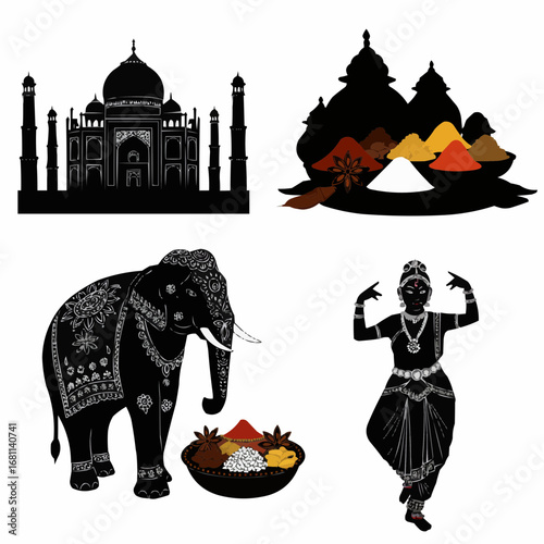 India filled silhouette set with Taj Mahal elephant spices and traditional dance