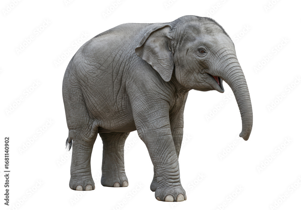 Obraz premium Isolated juvenile elephant with trunk up in studio, Asian mammal in full view, realistic animal
