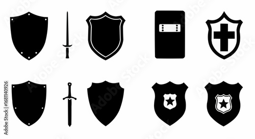 Shields filled silhouette set with medieval security and police shields