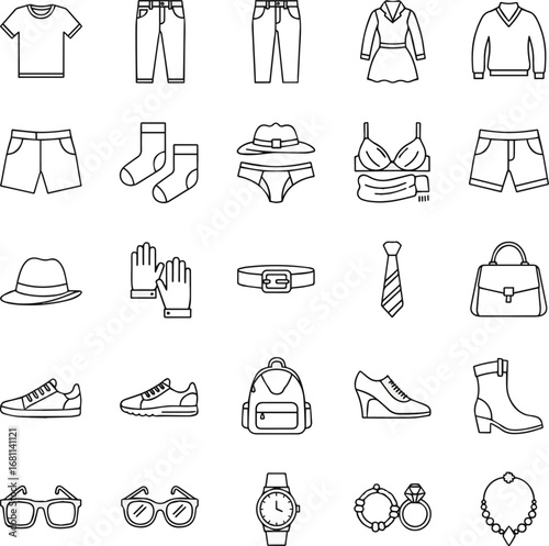 Isolated a Set of 30 outline icons related to clothes. Linear icon collection. Editable stroke. Vector art with white background.