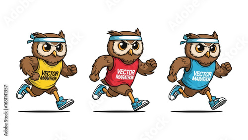 Owl Runners' Marathon: A vibrant illustration showcases three energetic owl athletes in the midst of a marathon, each wearing a different colored jersey, fully showcasing agility. 