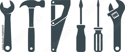 Isolated a Tool icon set. Instrument symbol, wrench, hammer, handsaw, paint brush, screwdriver, adjustment wrench, Vector art silhouette with white background.