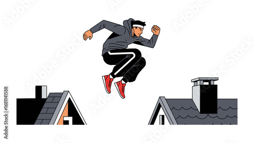 Urban Athlete: A dynamic individual, in striking athletic attire, executing a daring leap across rooftops, embodying agility, freedom, and the raw energy of urban exploration.