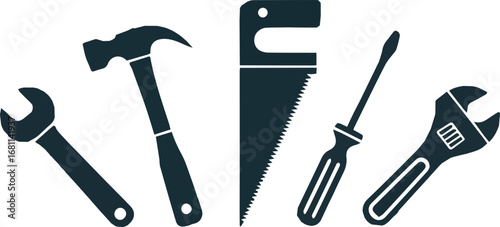 Isolated a Tool icon set. Instrument symbol, wrench, hammer, handsaw, paint brush, screwdriver, adjustment wrench, Vector art silhouette with white background.