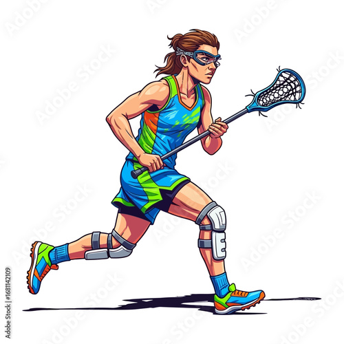 Lacrosse Player in Action: A dynamic athlete showcases agility and skill, running with a lacrosse stick in hand, set against a plain background.