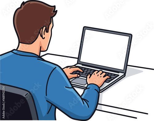 Isolated a Young man with blank laptop sitting at table in office, back view Vector art with white background..