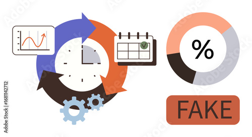 Clock with circular arrows, graph, calendar, pie chart, gears, and FAKE label. Ideal for productivity, workflow management, data analytics time planning misinformation business strategy simple
