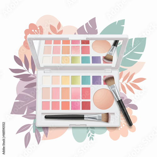 A vibrant cosmetic palette for eyes and face, complete with professional brushes, beautifully arranged with pastel botanical illustrations for a natural beauty concept