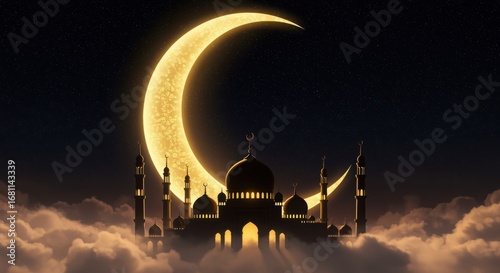 Majestic Mosque Silhouette Against Crescent Moon in a Starry Night Sky Over Fluffy Clouds
