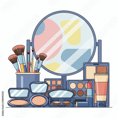 Flat vector illustration of a makeup artist's set featuring various cosmetics like eyeshadow, powder, lipstick, and professional brushes in front of a round vanity mirror