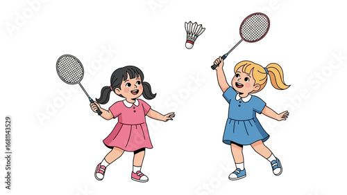 Kids badminton game: Two animated girls engrossed in a badminton match, showcasing their sporty side with rackets and shuttlecock, representing the spirit of an active leisure time. 