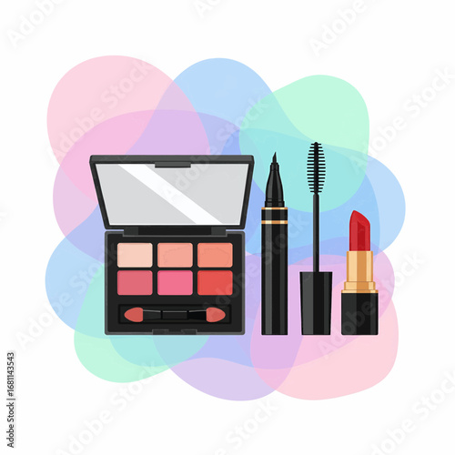 Essential decorative cosmetic collection featuring an eyeshadow palette, red lipstick, mascara, and eyeliner for a daily beauty routine