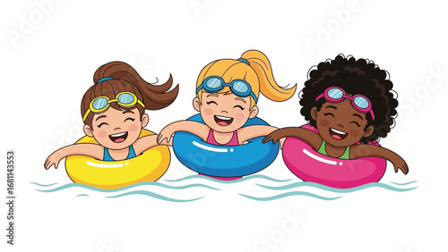 Joyful Water Trio: Three happy children swim in vibrant inner tubes, creating a splash of joy, evoking sunny childhood memories. 