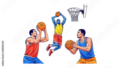 Basketball Action Illustration: A dynamic illustration captures the heart-stopping excitement of a basketball game, featuring players in mid-action, showcasing the sport's athleticism.