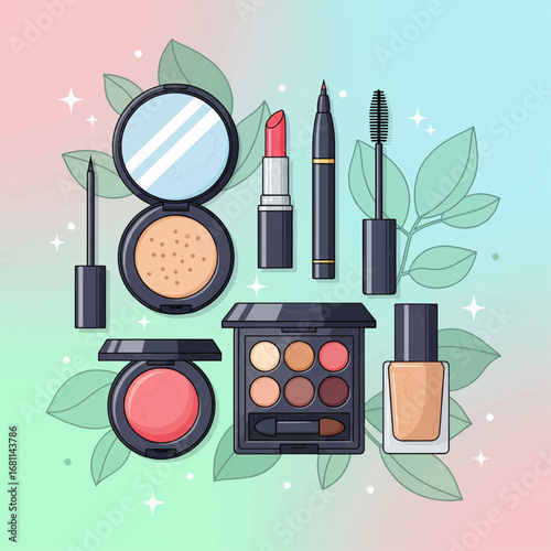 A beautifully arranged flat lay illustration of essential makeup products on a soft pastel background with elegant green leaves, showcasing beauty and self-care items