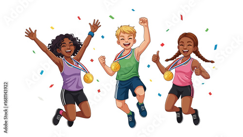 Triumphant Trio: Joyful young athletes celebrate victory, showcasing their hard-earned gold medals amidst a flurry of colorful confetti, embodying youthful success and the spirit of competition.