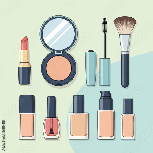 Cosmetic products arranged on a light background, featuring makeup essentials for a flawless look