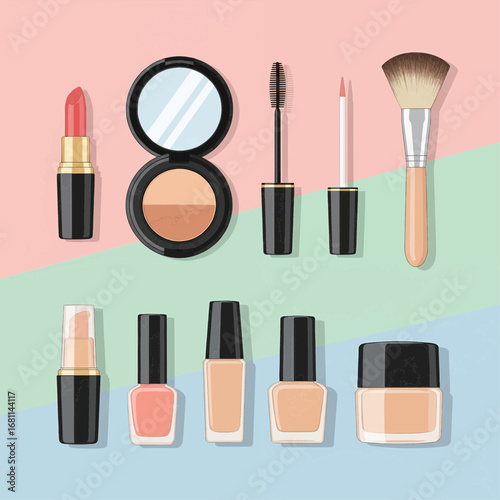 Flat lay of diverse makeup essentials, including lipsticks, foundation, nail polish, mascara, and brushes, on a pastel background, showcasing beauty and cosmetic items