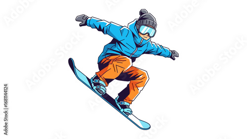 Snowboarding Action: A snowboarder is captured mid-air during a dynamic performance, showcasing the thrill and excitement of winter sports with a vivid depiction of skill and adventure.