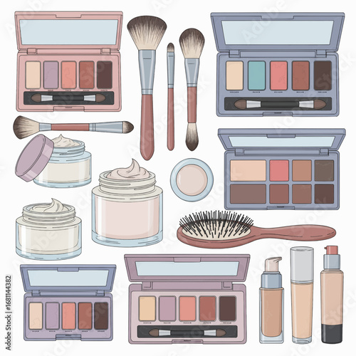 Hand-drawn collection of cosmetic and makeup essentials for a daily beauty routine, including eyeshadow palettes, face cream, and brushes