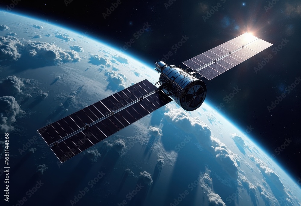 Fototapeta premium satellite orbiting earth stunning space imagery dark cosmos infinite universe technology exploration, star, planet, atmosphere, galaxy, aerial, night