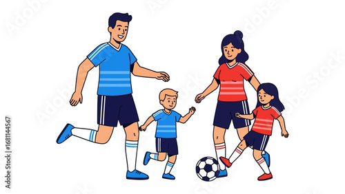 Family Football Fun: An active family enjoys playing soccer, passing the ball with coordinated energy, embodying togetherness and sportsmanship.