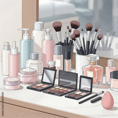 An artistic illustration of a complete makeup and skincare collection set up on a vanity table for a daily beauty routine