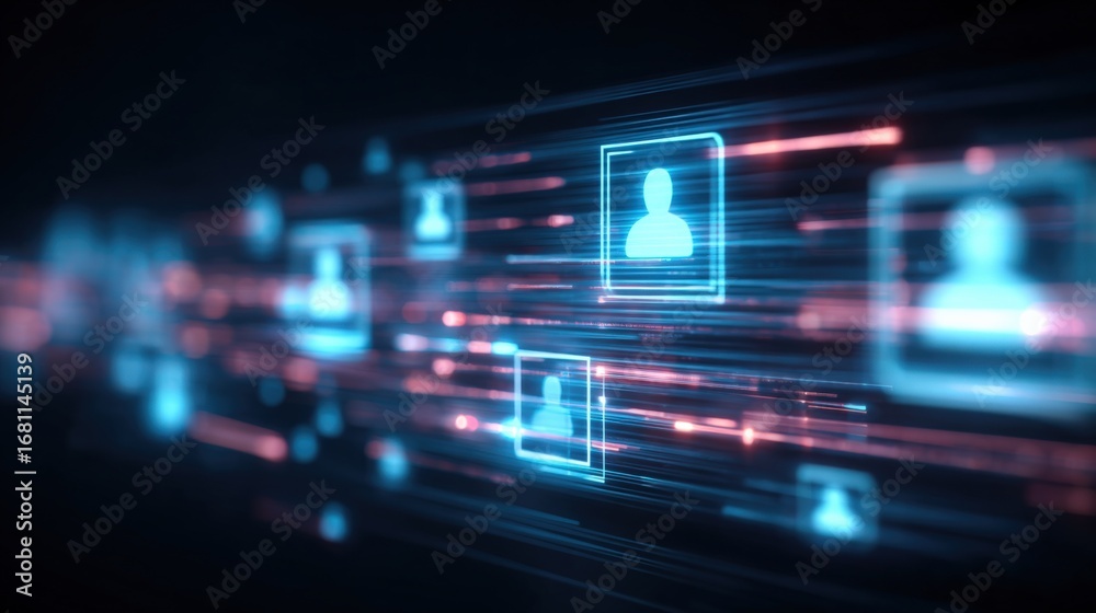 Fototapeta premium Abstract Digital Network with User Icons and Glowing Lines, Representing Global Connection and Communication