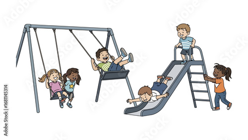 Joyful Play: Children engage in vibrant play, filled with glee as they slide down and swing on the equipment at the park, epitomizing the simple joys of childhood