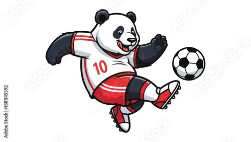 Panda Soccer Star: A cheerful panda, adorned in athletic attire, demonstrates incredible skill as it kicks the ball. This illustration captures the playful nature of sports and love for the game