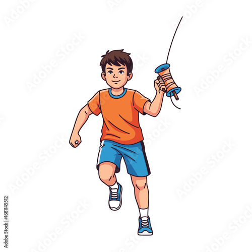 Young Flyer: A youthful figure joyfully dashes forward, brandishing a kite spool, poised to launch a kite into the vast sky, embodying the essence of outdoor recreation. 
