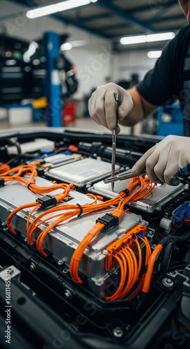 A mechanic repairs an electric battery pack of a hybrid car, close-up. Service repair, car workshop, technical inspection