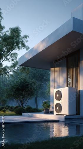 Modern home heat pump installation next to reflecting pool exterior view at dusk residential energy efficiency technology sustainable living design