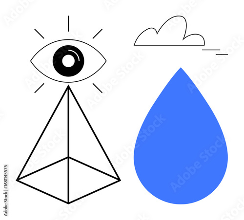 Eye on a pyramid radiates awareness alongside a cloud and a water drop symbolizing vision, clarity, nature, emotion, mindfulness, sustainability, and creativity. Ideal for introspection and simple