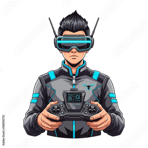 Drone Pilot in Tech Gear: A tech-savvy individual pilots a drone, immersed in the experience with cutting-edge VR gear and a precision controller.
