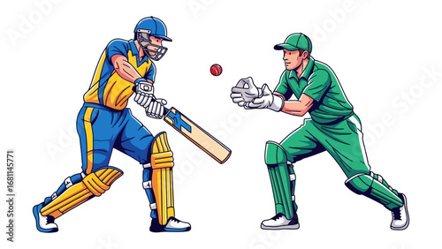Cricket Match in Play: Intense moment during a cricket match, a batsman preparing to hit the ball, a wicketkeeper getting ready to catch. a scene that highlights the skill, precision.
