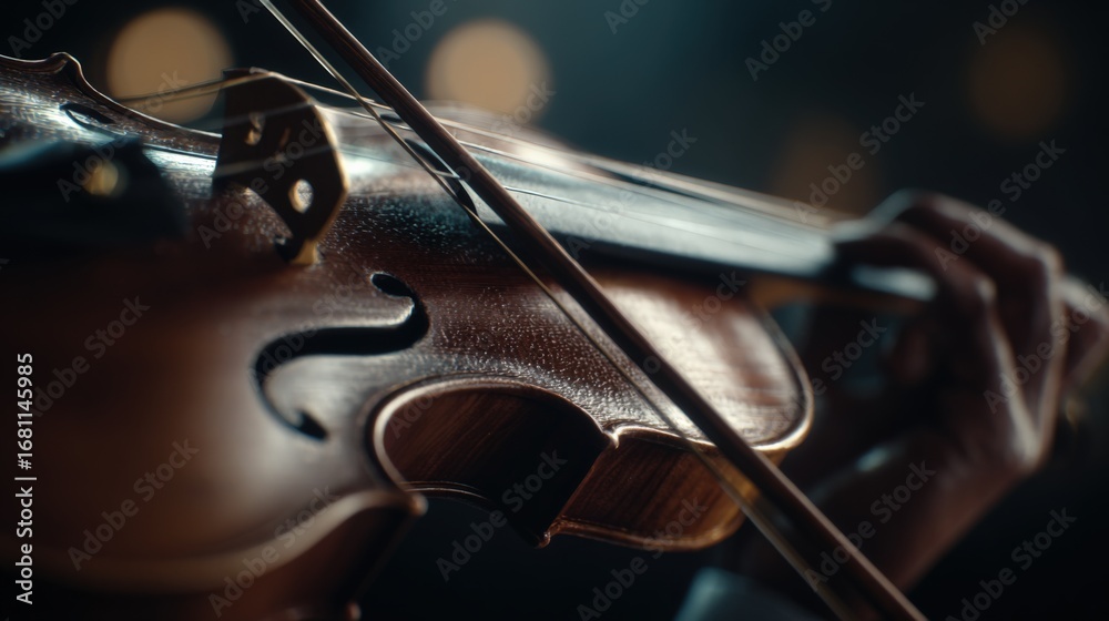 Fototapeta premium Close-Up of Violinist Playing, Moody Lighting, Dramatic Composition for Concert, Orchestra, or Performance Art
