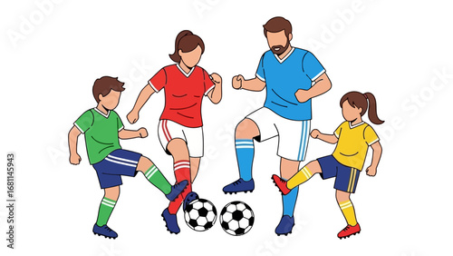 Family Soccer Fun: An energetic family enjoys a spirited soccer game together, showcasing teamwork, coordination, and the joys of sport in a vibrant illustration.