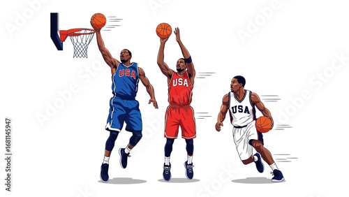 Basketball Action: A vivid, vector illustration showcasing basketball players in dynamic poses, highlighting the sport's athleticism and strategic gameplay, embodying both competition and teamwork